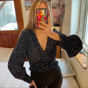 Princess Polly navy polka dot longsleeve blouse